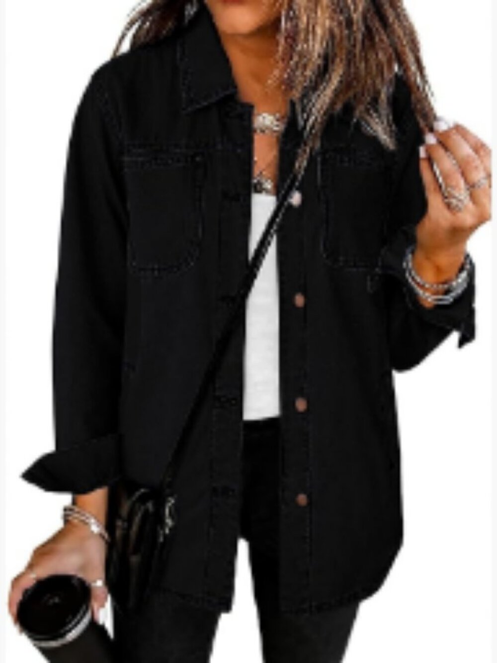 Denim Jacket Long Sleeve Button Down Shacket with Pockets
